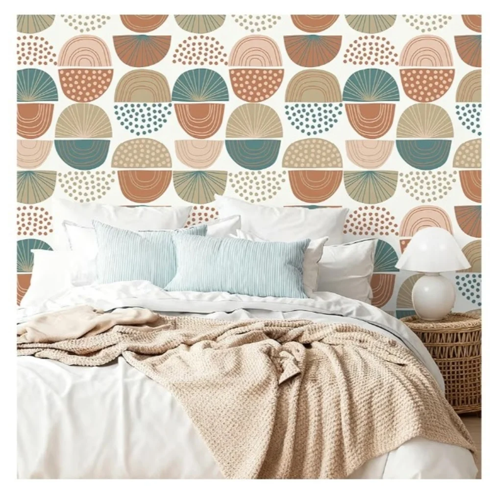 Modern Geometric Wallpaper in Teal, Beige, and Brown